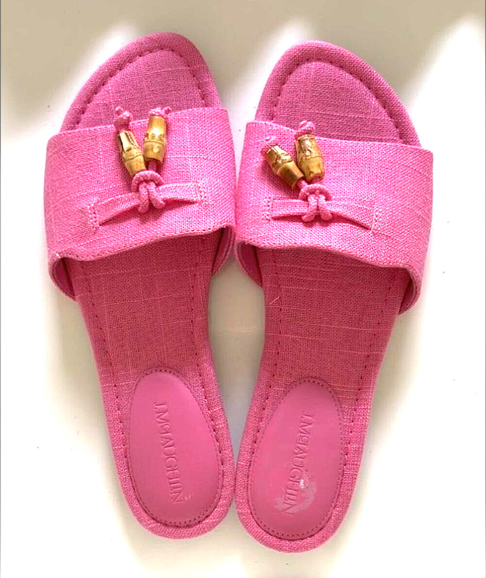 NWOT J McLaughlin Hot Pink Linen Slides with Bamboo Tassels